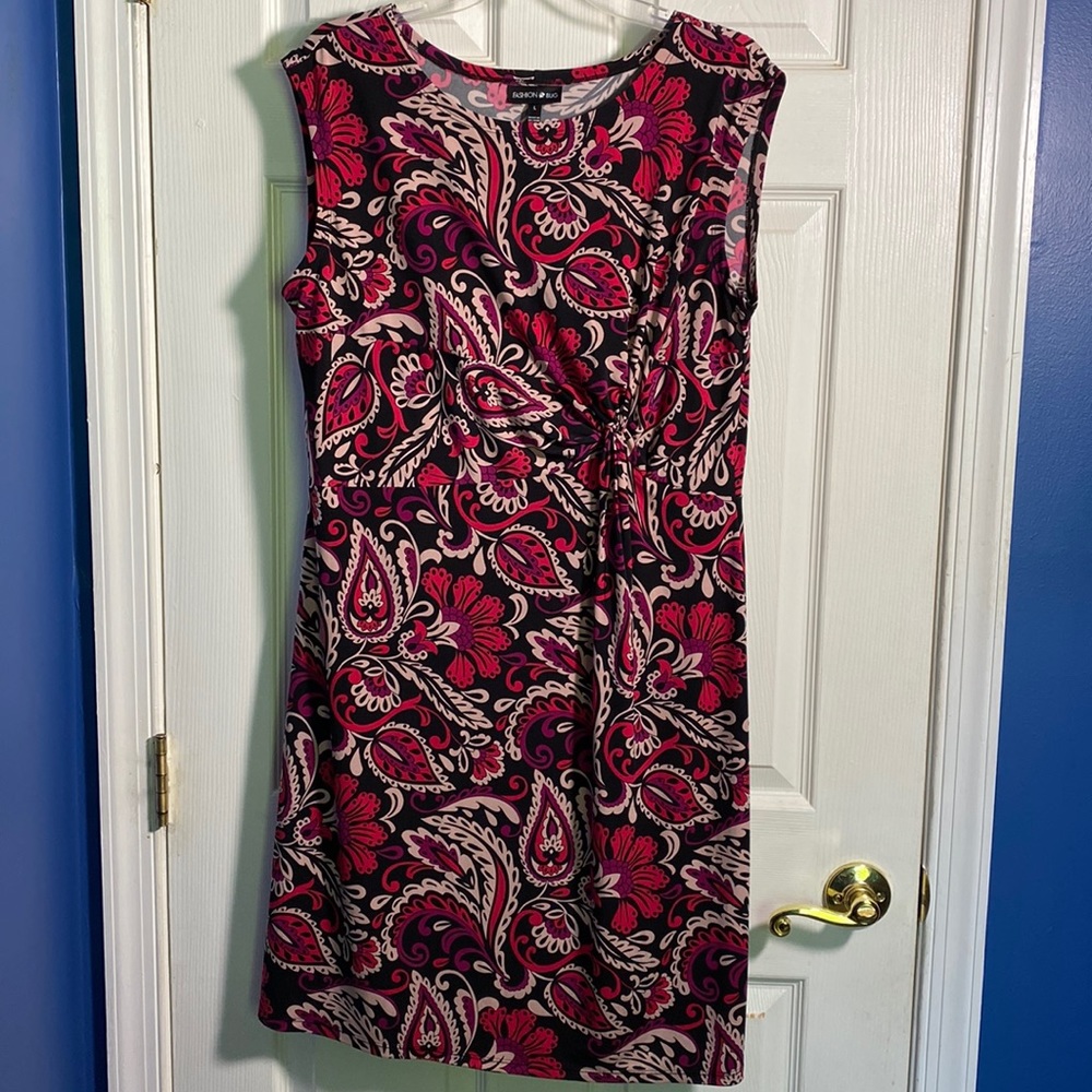 Fashion Bug Sleeveless Printed Pink and Black Dress, Large